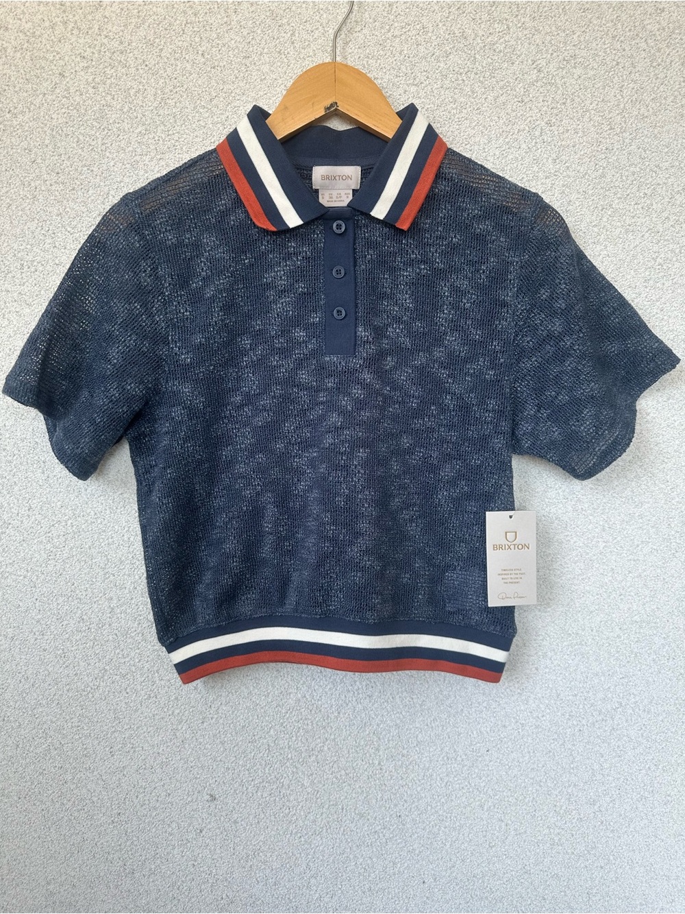 NWT Brixton Retro Mesh Polo Crop Top Women’s Small Navy Knit Striped Collar